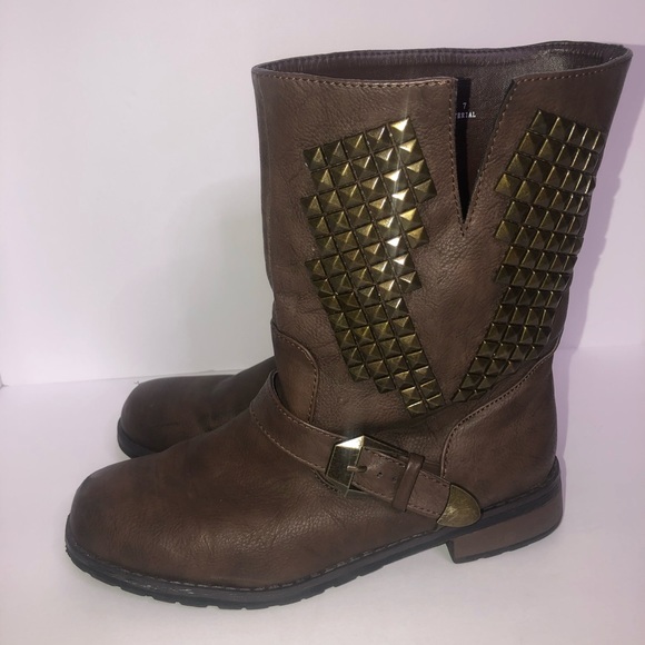 Shoes - Brown and Gold Studded Moto Combat Boots